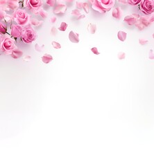 Women and mothers day banner. Pink  rose petals on white, copy space