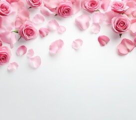 Fototapeta na wymiar Women and mothers day banner. Pink rose petals on white, copy space