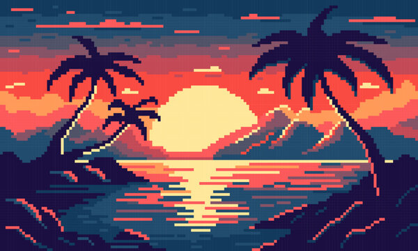 Tropical neon pixel bay with palm trees background. Colorful 8bit sea with waves and sun setting behind mountains and clouds in 80s synthwave vector style