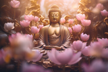 Glowing golden buddha with lotuses in heaven light - obrazy, fototapety, plakaty