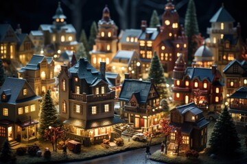 Fototapeta na wymiar Christmas Villages at Night - Generative AI