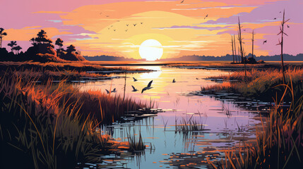 Illustration of Sunset Over Wetlands with Birds in Flight
