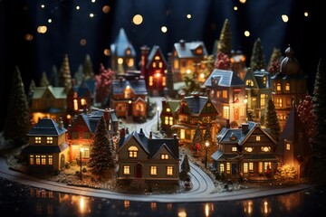 Fototapeta na wymiar Christmas Villages at Night - Generative AI