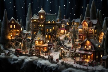 Obraz premium Christmas Villages at Night - Generative AI