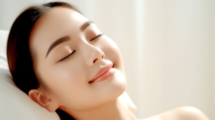 Obraz na płótnie Canvas image of happy asian woman with perfect skin, skin care, beauty salon, spa. legal AI