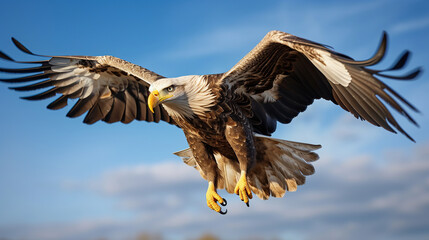 Fototapeta premium close-up of White tailed eagle fly in the air. blue sky background.