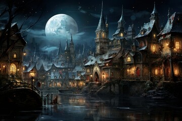 Obraz premium Christmas Villages at Night - Generative AI