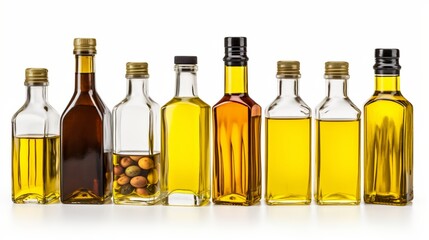 Vegetable oil with olive oil in different bottle for cooking isolated on white background with clipping path. - obrazy, fototapety, plakaty