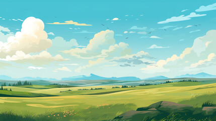 Serene Grassy Plains with Distant Hills Illustration