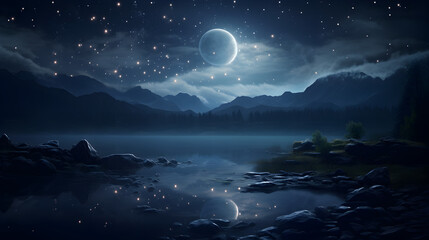 Moon light forest and nature landscape at night