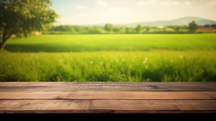 Empty old wooden table background, green field background. - obrazy, fototapety, plakaty