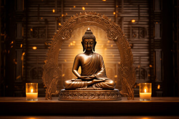 Bronze statue of Buddha sitting on a wooden table, two candles on either side, a halo of golden...
