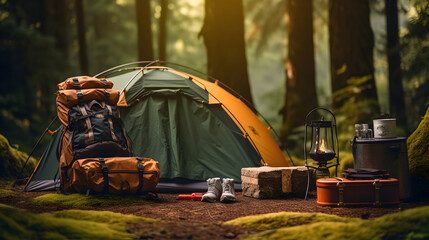 Tent and outdoor camping setup in nature.