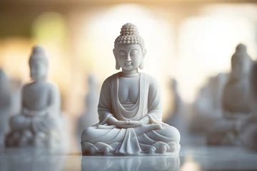  Statues of Buddha meditating solemnly made of white quartz © Duka Mer