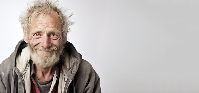 homeless old man with gray beard and hair shows austerity but still smiles, on a white background there is space to write words