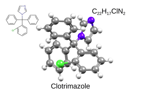 Chemical formula, structural formula and 3D ball-and-stick model of an antifungal agent clotrimazole