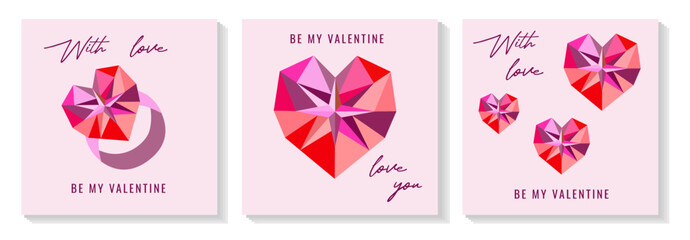 Happy Valentines day greeting card set. Trendy love and Valentine cards with typography and geometric jewelry hearts.