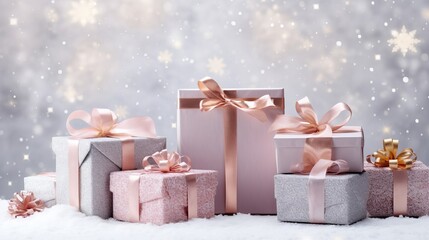 Holiday Christmas and Happy new year pastel pink color background with a gift box, silver decorative balls, snowflakes