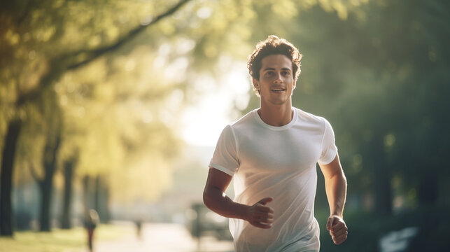 Portrait of attractive young man outdoor running jogging for healthy fitness lifestyle on blurred background