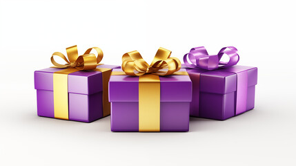 Obraz premium Three gifts on a white background, wrapped with a shiny ribbon, ai generative 
