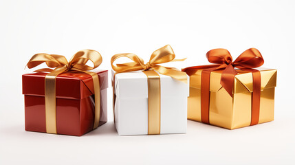 Three gifts on a white background, wrapped with a shiny ribbon,  ai generative 