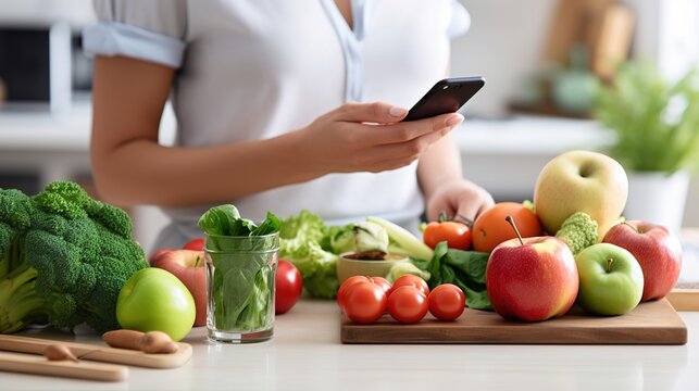 Woman Using Smartphone with Healthy Groceries