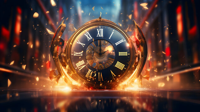Giant watch with flames and particles on abstract background.