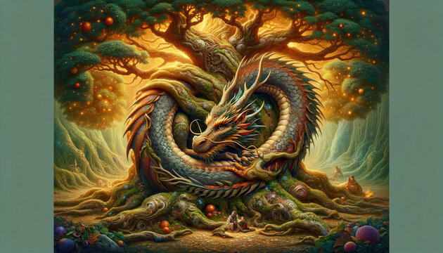 The image of a dragon curled around an ancient, mystical tree.