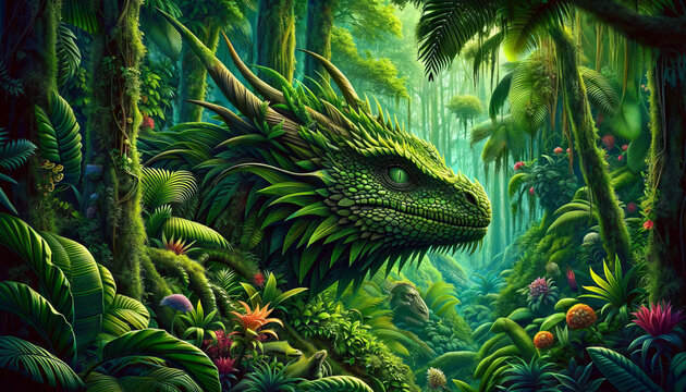 The image of a dragon camouflaged in a lush rainforest