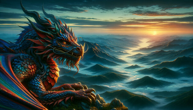 The image of a dragon resting on a mountain peak, overlooking a vast, misty valley at dawn.