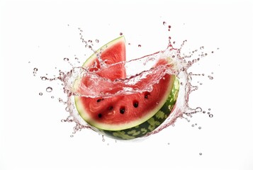 fresh watermelon slices with water splash isolated on white background. generative ai