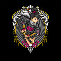 samurai girl illustration for t shirt design
