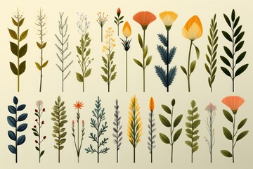 A minimalistic vector set of colorful herbs such as chamomile, lavender, melissa, mint, sage, on a uniform background. Each blade of grass is depicted in a flat design style, creating a harmonious and