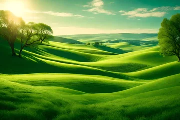 Poster beautiful spring landscape scene with  rolling green hills generative  al- © Mazhar