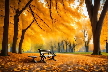 old wooden bench in the autumn park under colorful autumn trees with golden leaves--