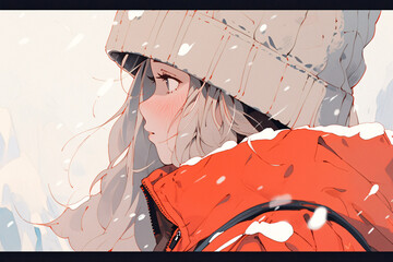 An illustration of a lovely and beautiful girl standing in the cold wind in winter