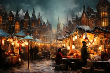 Christmas Market Vendors - Generative AI - obrazy, fototapety, plakaty