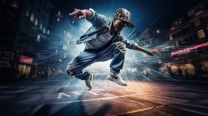 a breakdancer mid-spin, capturing the energy and creativity of street dance culture. - obrazy, fototapety, plakaty