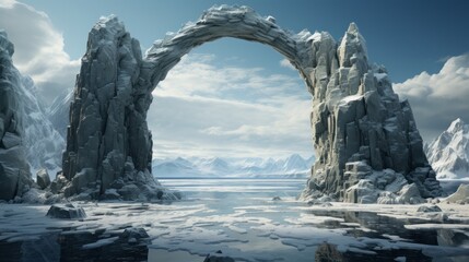 lake in winter, snow-capped mountains, stones in the form of an arch over the water