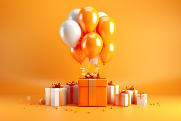 light orange background with balloons and colorful party supplies in a orange gift box, in the style of shaped canvas