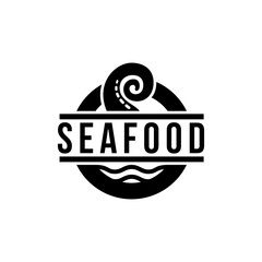 Seafood logo design. octopus hand icon image. black emblem badge design style