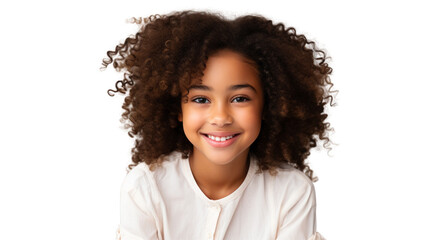 Child portrait, smiling kid with afro hair isolated on white transparent background, PNG - obrazy, fototapety, plakaty