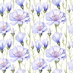 Watercolor Chicory Flowers Seamless Pattern, Aquarelle Blue Flower Tile, Blooming Cichorium