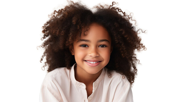 Child portrait, smiling kid with afro hair isolated on white transparent background, PNG