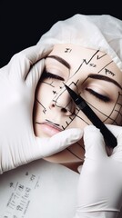A young woman with black marker lines on her face, preparing for plastic surgery. The image reflects the preoperative stage, highlighting the planning and precision involved in cosmetic procedures.
