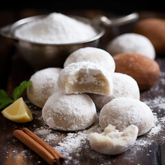 Fototapeta na wymiar Mexican wedding cookies covered with powdered sugar - AI generated 