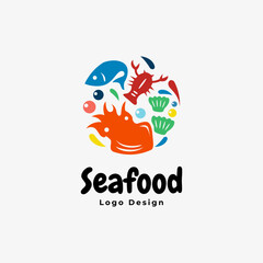Seafood logo design. icon images of marine animals squid, shrimp, fish, shellfish and lobster. colorful flat template vector logo design style