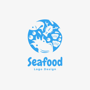 Seafood logo design. icon images of marine animals squid, shrimp, fish, shellfish and lobster. vector logo design style flat template blue color