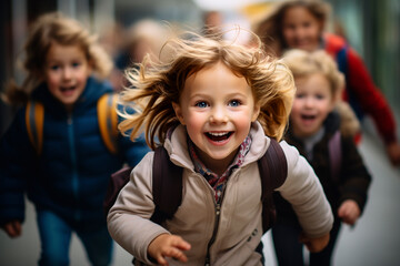 Students having fun excited about start of holiday. School kids running in elementary school hallway. - obrazy, fototapety, plakaty