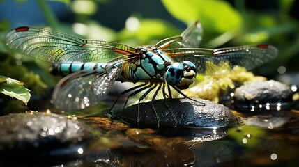 Dragonfly close-up, with wings spread and texture visible